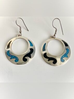 Sterling Silver Turquoise and Onyx Hoop Drop Earrings